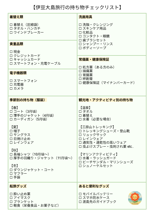 伊豆大島旅行の持ち物チェックリスト